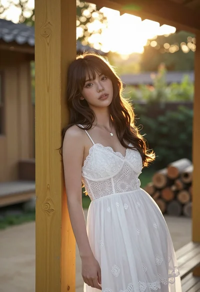Young woman with brown hair leaning on yellow pillar during golden hour