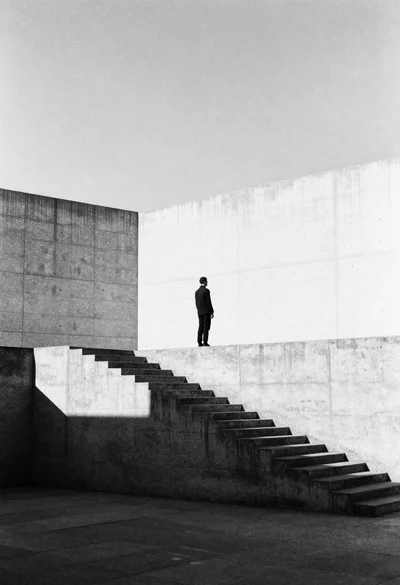 Solitary figure on elevated platform in minimalist architecture