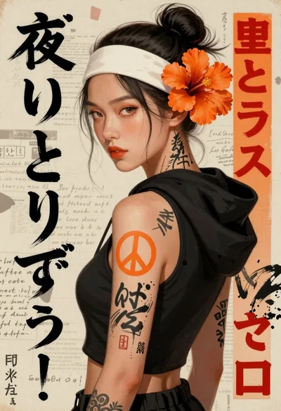 East asian woman in streetwear style with hibiscus flowers