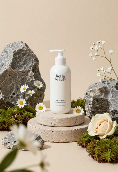 White lotion bottle on tiered stone pedestal with blurred flowers