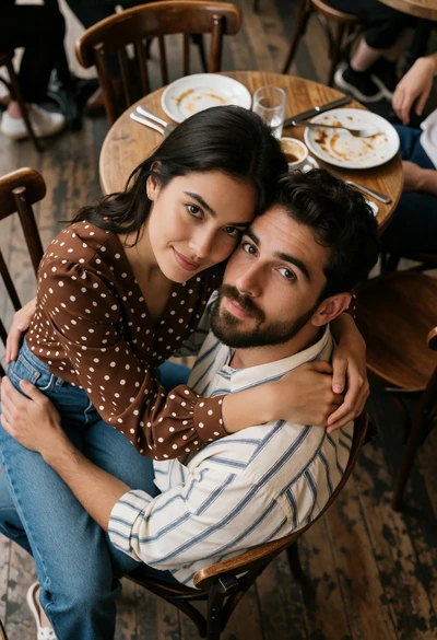 Couple embracing intimately at a wooden cafe table from high angle view