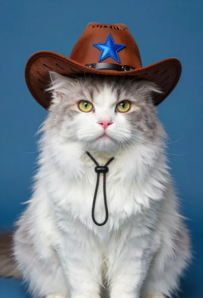 Fluffy white and grey cat wearing a cowboy hat against solid blue