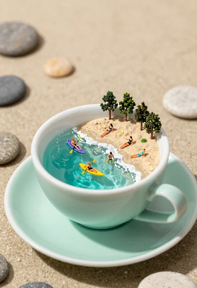Macro photograph of tiny beach scene inside tipped teacup with cascading water