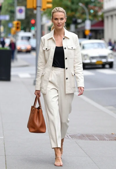 Blonde woman walking in cream pantsuit on city sidewalk