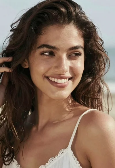 Close up portrait of smiling woman with dark wavy hair outdoors