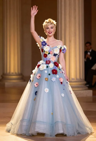 Woman in light blue ballgown waving indoors with colorful fabric flowers