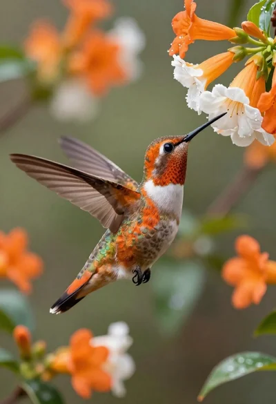 Hummingbird hovering near orange and white flowers