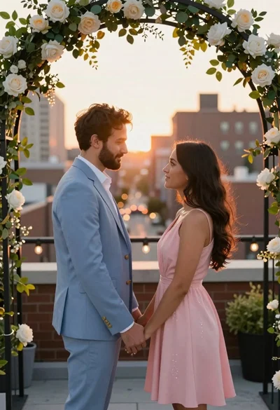 Couple holding hands under floral archway on urban rooftop at sunset