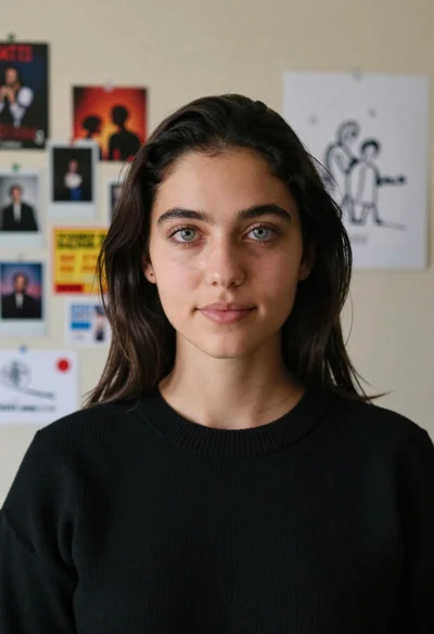 Portrait of young woman in black sweater against decorated wall