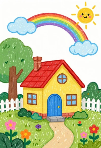 Cheerful crayon drawing of yellow house with red roof and blue door