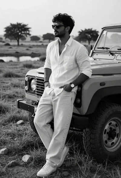 Man leaning against rugged offroad vehicle in open grassy field