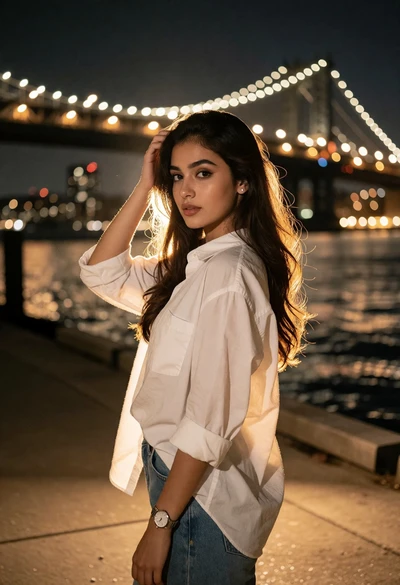 Young woman in white shirt on waterfront promenade near illuminated bridge at