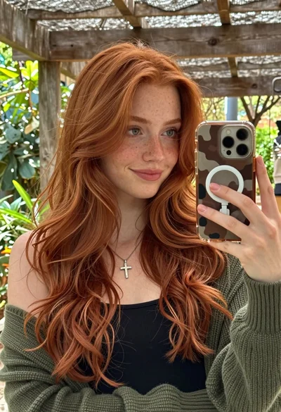 Young woman with red hair taking mirror selfie under wooden pergola structure