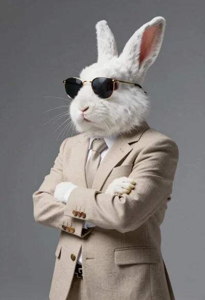 Hyperrealistic white rabbit in beige blazer against gradient background
