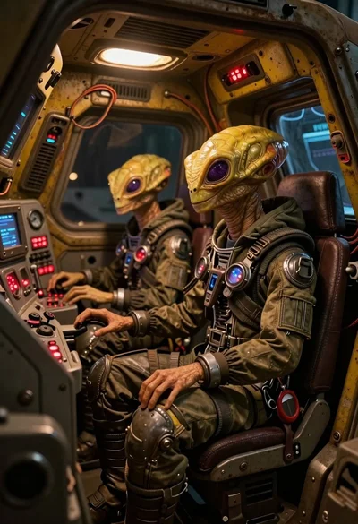 Two reptilian aliens in a worn spacecraft cockpit
