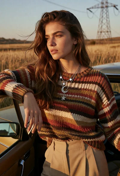 Young woman leaning by vintage car in golden field at sunset