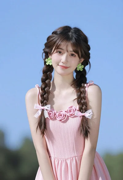 Young woman with dark braids wearing pink dress against clear blue sky