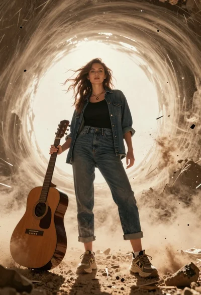 Young woman with brown hair holding guitar in a dusty vortex