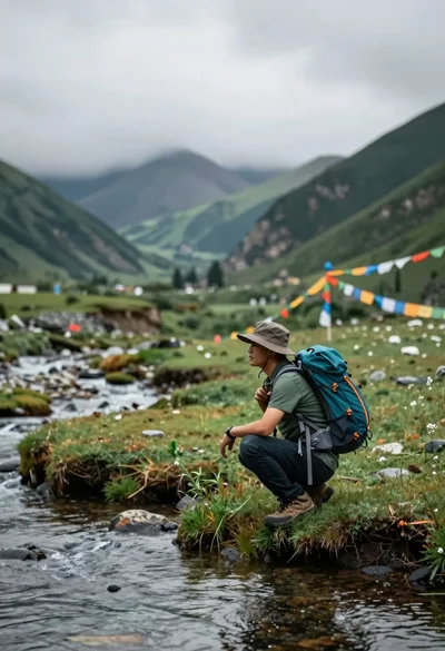 Man crouching by a stream in a lush mountain valley landscape