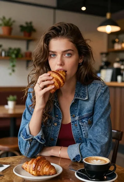 Young woman eating croissant in cozy cafe setting low angle shot
