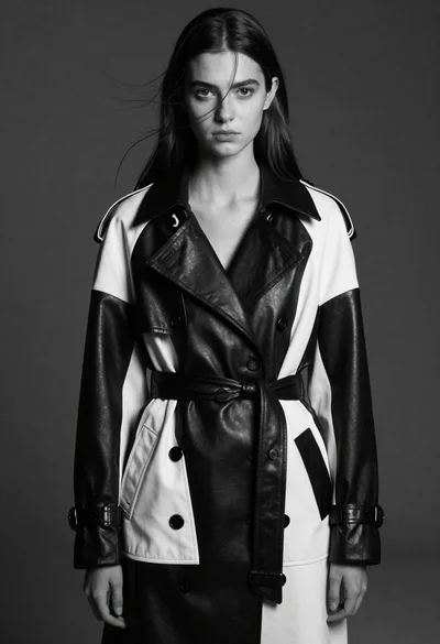Black and white portrait of woman in geometric patchwork trench coat