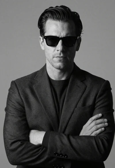 Black and white portrait of man in dark suit