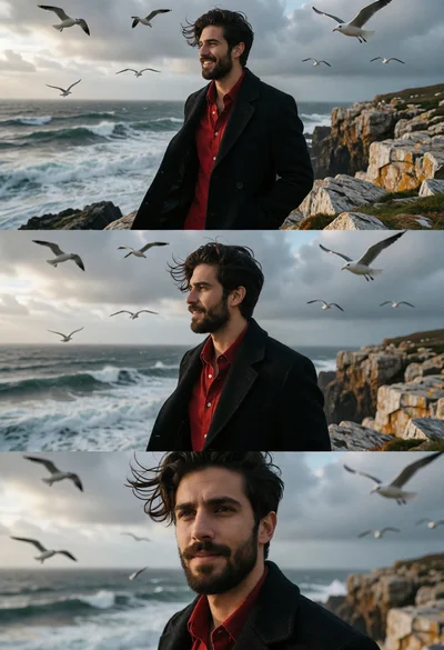 Man in black coat on rocky cliff overlooking turbulent ocean under cloudy