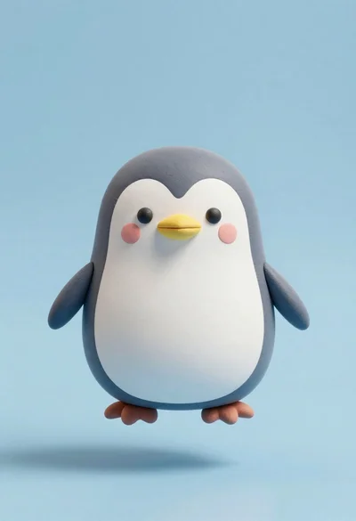 Cute chubby penguin floating in mid air against solid pastel blue background