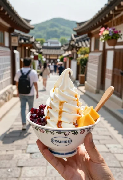 Hand holding soft serve in korean village alleyway
