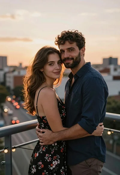 Romantic couple embracing on an urban balcony overlooking city at dusk