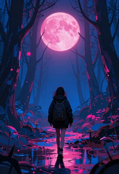 Lone figure walking through surreal forest under pink moon