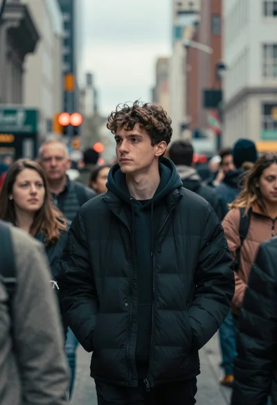 Young man in black hooded jacket standing alone on a busy city