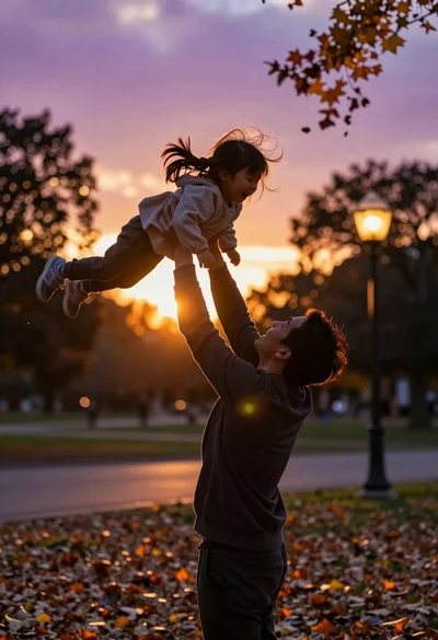 Father joyfully tossing laughing daughter in park during golden hour backlight