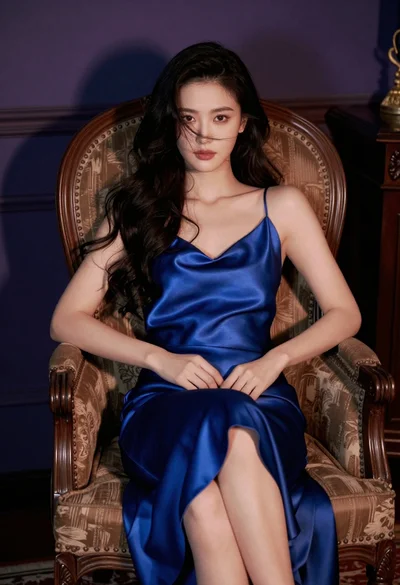 Woman with dark hair seated in vintage armchair wearing blue satin slip