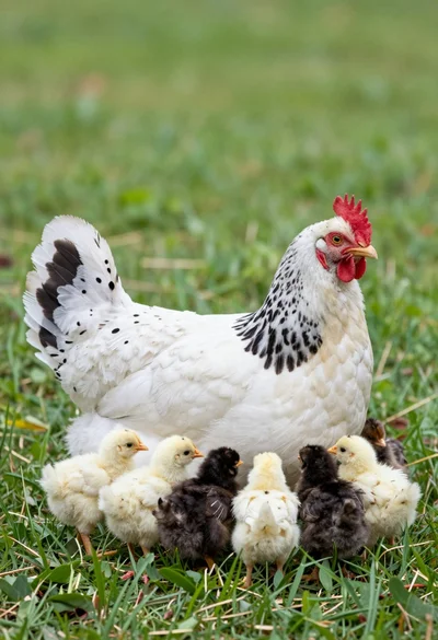 Mother hen with spotted white feathers sitting among small chicks on green
