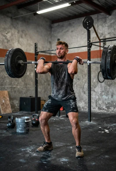 Low angle close shot of male athlete deadlifting in gritty gym