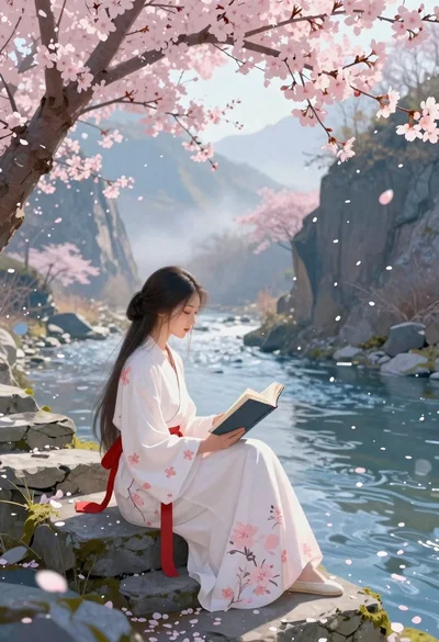 Young woman reading by river under cherry blossoms