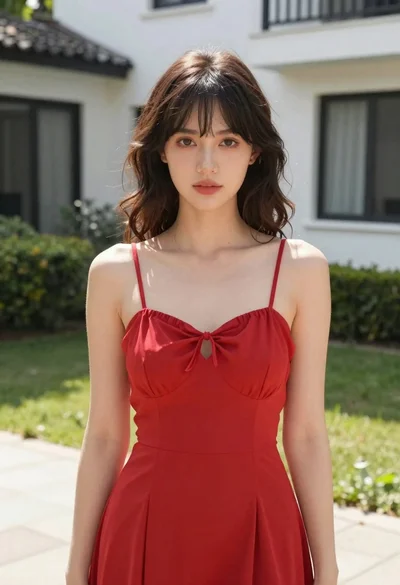 Young woman in red dress standing outdoors near white building facade