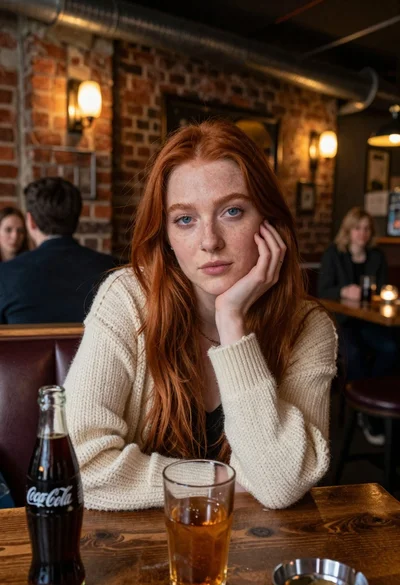 Young woman with red hair at wooden table in dimly lit pub