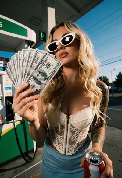 Blonde woman at gas station holding money and soda can outdoors
