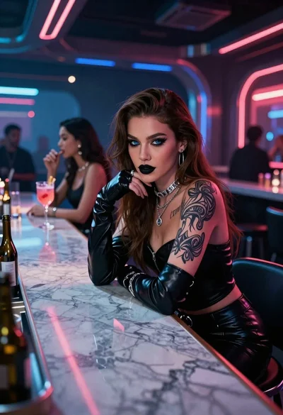 Woman in neon lit futuristic bar interior