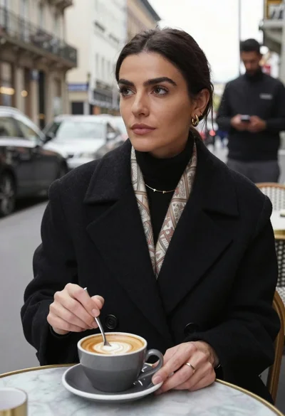 Woman in black coat stirring coffee at an outdoor urban cafe