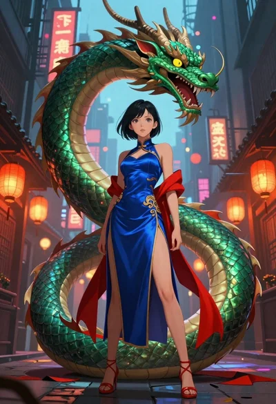 Anime woman with dragon in neon lit city alleyway