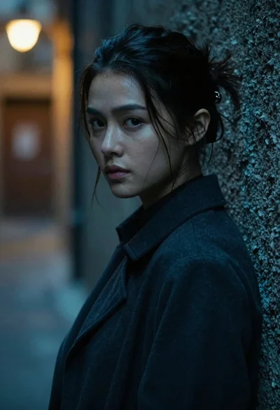 Young woman with dark hair looking over shoulder in alleyway