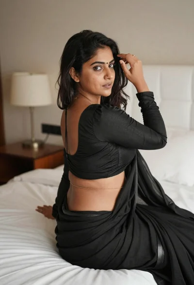 Young woman in black saree sitting on bed touching dark hair
