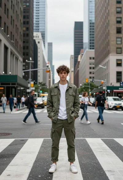 Young man in utility jacket standing at busy city crosswalk intersection