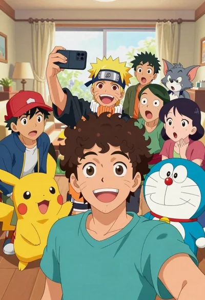 Young man taking selfie with cartoon characters in cozy living room