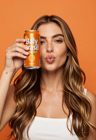 Young woman holding energy drink can making kissy face in studio setting