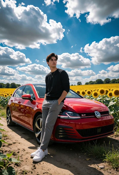Young man beside red vw gti in vast sunflower field under bright