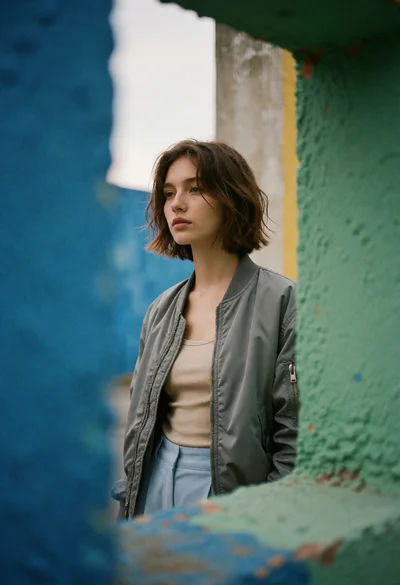 Young woman in grey jacket framed by colorful abstract architecture